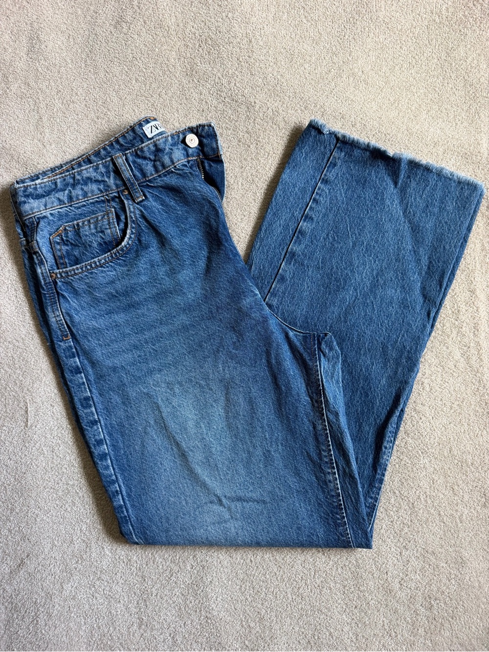 Zara Z1975 Jeans Womens 10 42 High Rise Wide Leg Raw Hem Blue Denim 17” Waist
